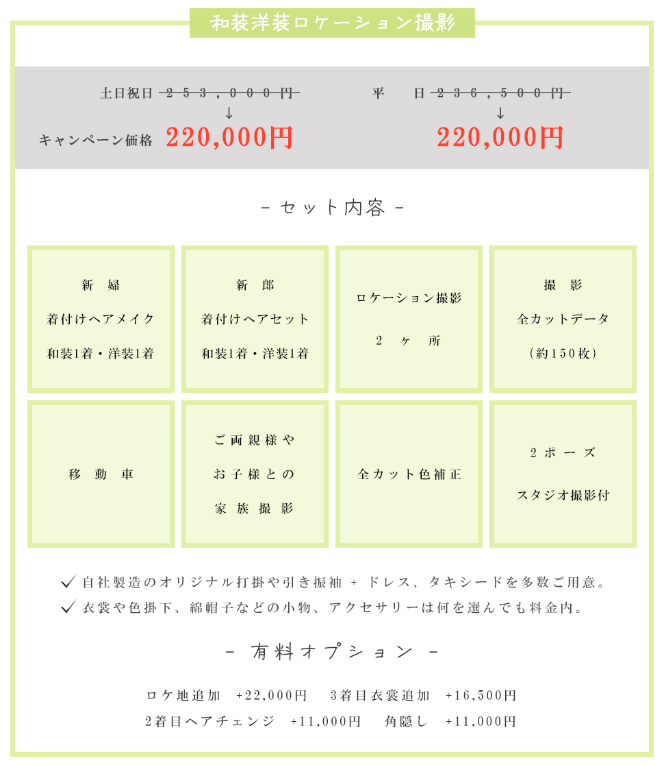 和装洋装ロケーション撮影土日祝日253,000円平日236,500円キャンペーン価格220,000円220,000円- セット内容 -新婦 着付けヘアメイク和装1着・洋装1着新郎着付けヘアセット和装1着・洋装1着ロケーション撮影2ヶ所撮影 全カットデータ(約150枚)移動車ご両親様やお子様との家族撮影全カット色補正2ポーズ スタジオ撮影付自社製造のオリジナル打掛や引き振袖 + ドレス、タキシードを多数ご用意。 衣裳や色掛下、綿帽子などの小物、アクセサリーは何を選んでも料金内。- 有料オプション -ロケ地追加 +22,000円 3着目衣裳追加 +16,500円2着目ヘアチェンジ +11,000円 角隠し　+11,000円