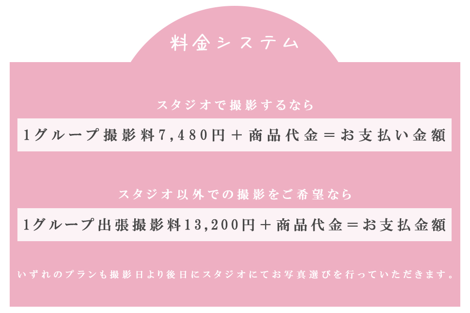 料金システムスタジオで撮影するなら1グループ撮影料7,480円＋商品代金＝お支払い金額 スタジオ以外での撮影をご希望なら1グループ出張撮影料13,200円＋商品代金＝お支払金額 いずれのプランも撮影日より後日にスタジオにてお写真選びを行っていただきます。