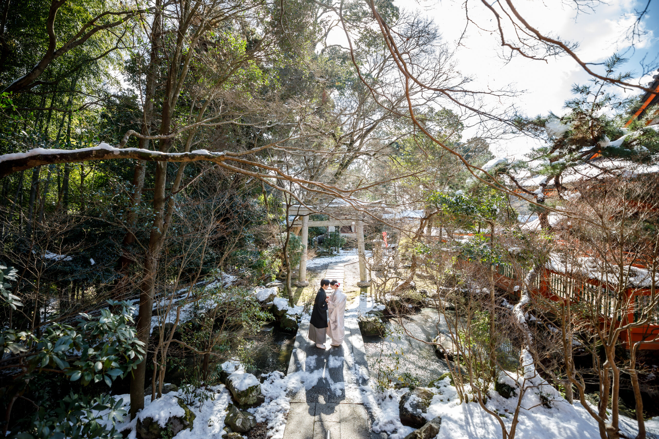 毘沙門堂 雪 梅 フォトウェディング 白無垢 冬 京都