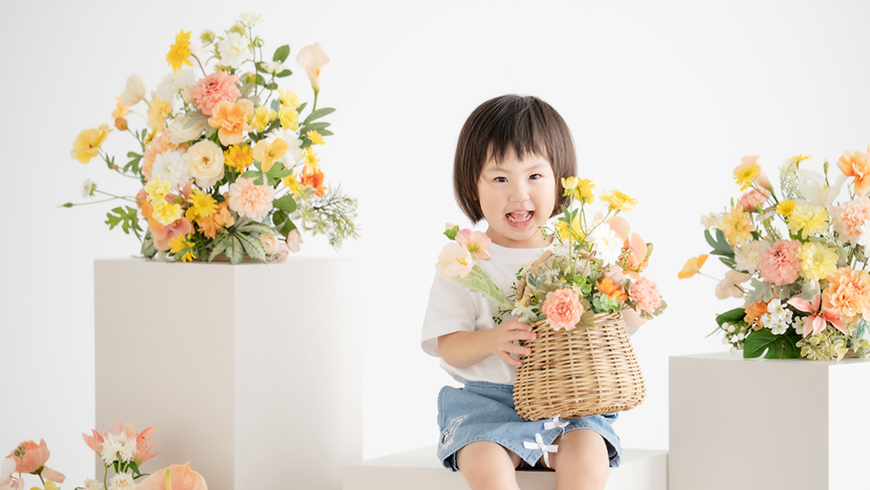 京都市 写真館 フォトスタジオ スタジオクレアーレ お誕生日撮影 バースデーフォト 花 セット フラワーコース 1歳