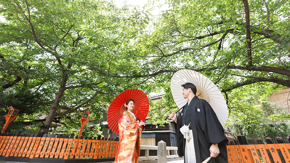 祇園巽橋 新緑 フォトウェディング 色打掛 初夏 京都