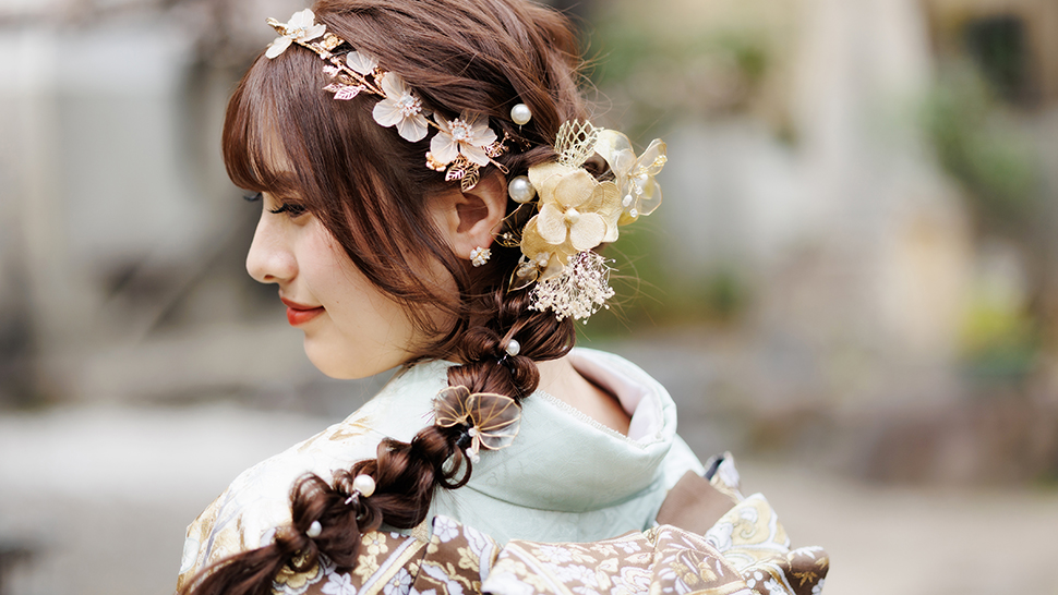 成人式 髪飾り ヘッドドレス トレンド 京都 写真館 スタジオクレアーレ 着付け ヘアメイク