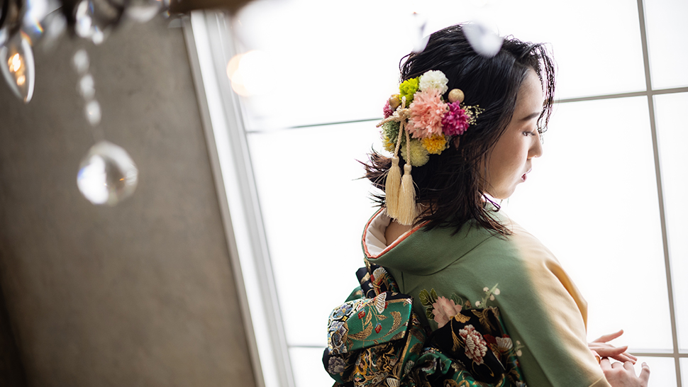 成人式 ハーフアップ ヘアアレンジ ミディアム 京都 写真館 スタジオクレアーレ 着付け ヘアメイク