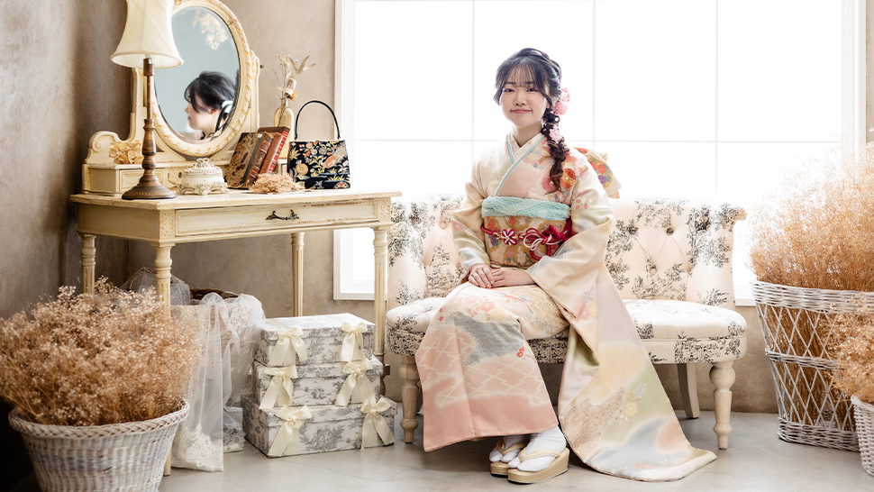京都市 写真館 スタジオクレアーレ 成人式 写真 座る ポーズ 前撮り