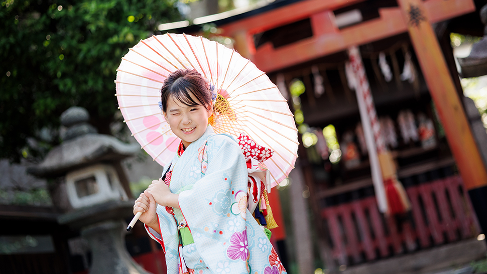京都市 スタジオクレアーレ 7歳 女の子 七五三 着物 水色 帯結び 本格 